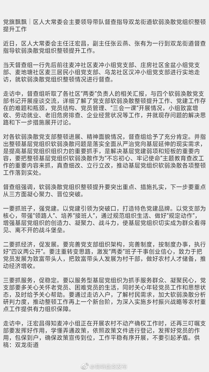 党旗飘飘｜区人大常委会主要领导带队督查指导双龙街道软弱涣散党组织整顿提升工作