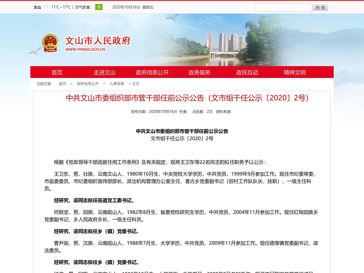 中共文山市委组织部市管干部任前公示公告（文市组干任公示〔2020〕2号）