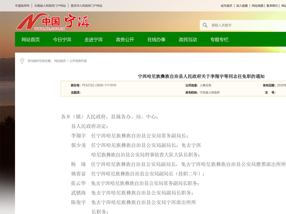 宁洱哈尼族彝族自治县人民政府关于李翔宇等同志任免职的通知