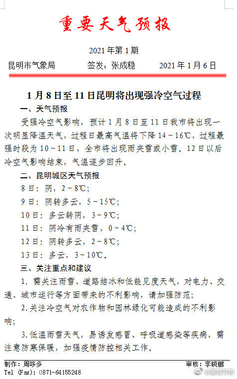 2021年1月8日至11日昆明将出现强冷空气过程