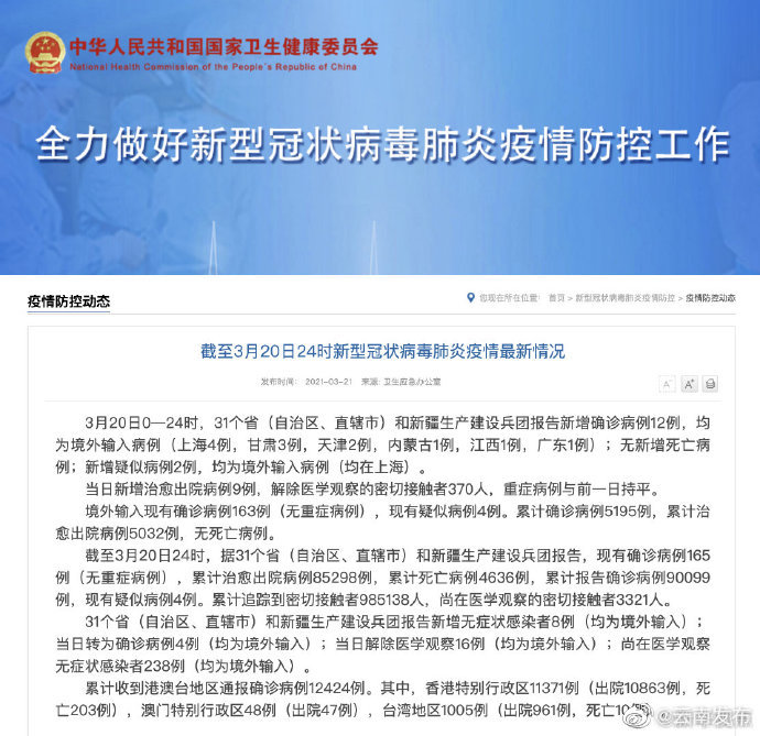 国家卫健委：3月20日新增确诊病例12例