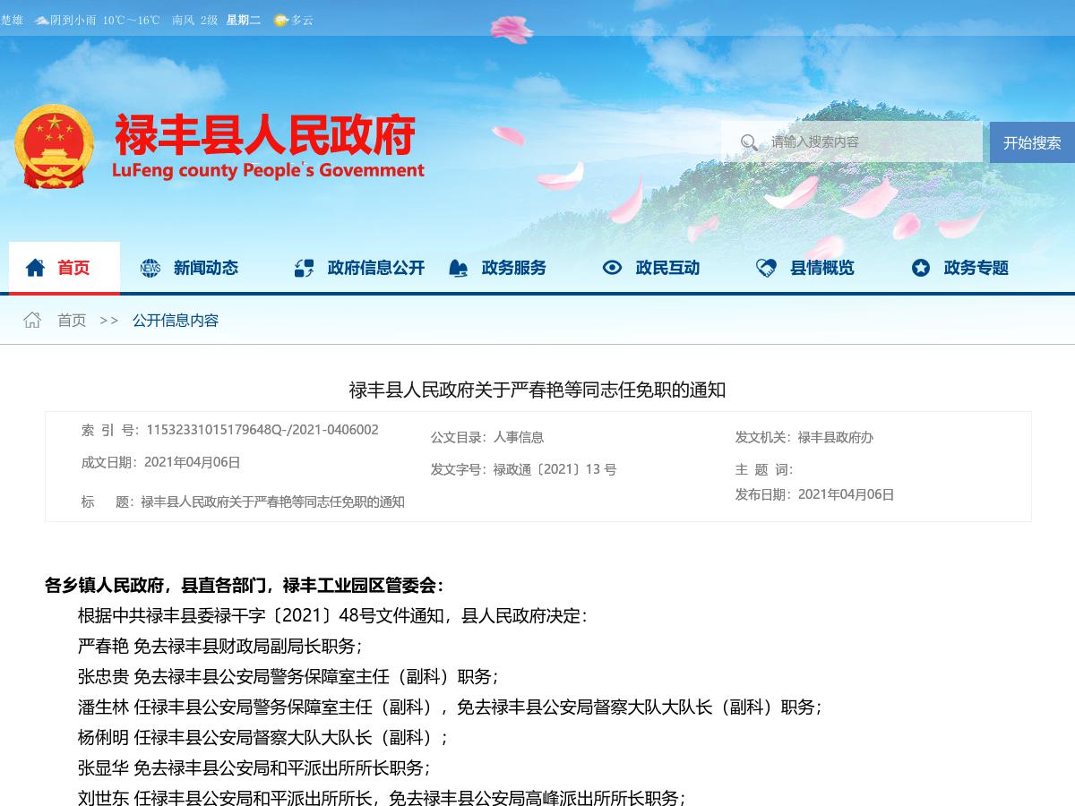 禄丰县人民政府关于严春艳等同志任免职的通知
