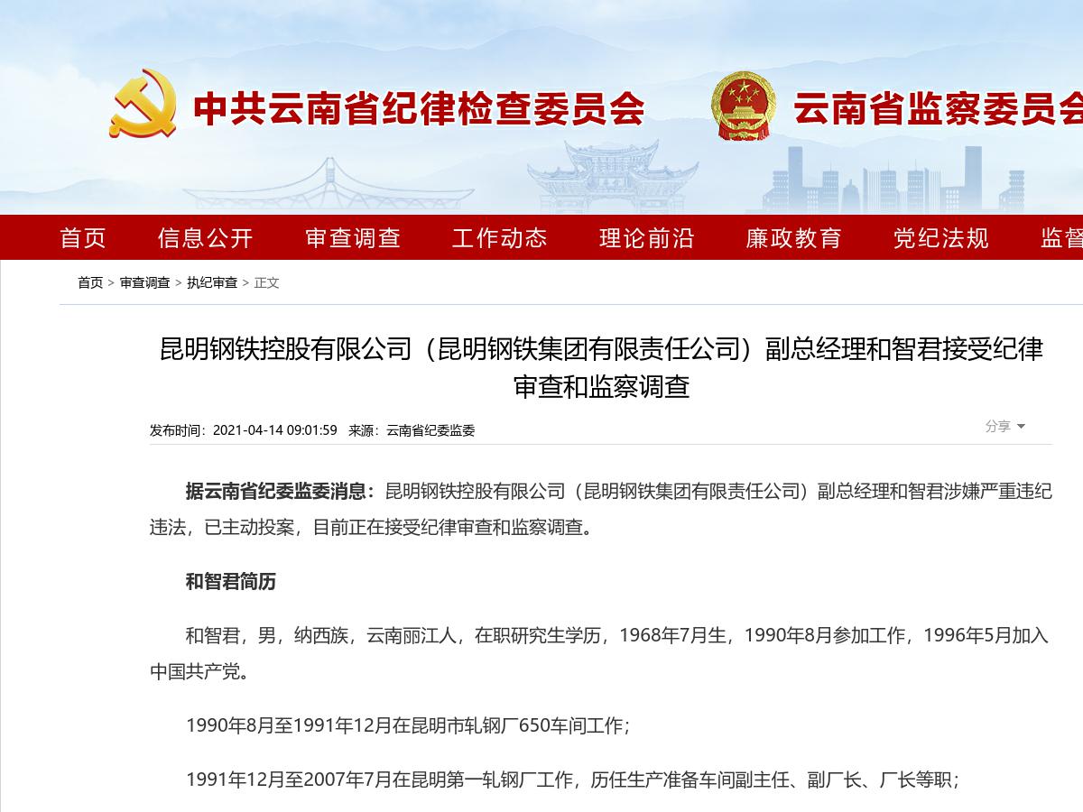 昆明钢铁控股有限公司（昆明钢铁集团有限责任公司）副总经理和智君接受纪律审查和监察调查