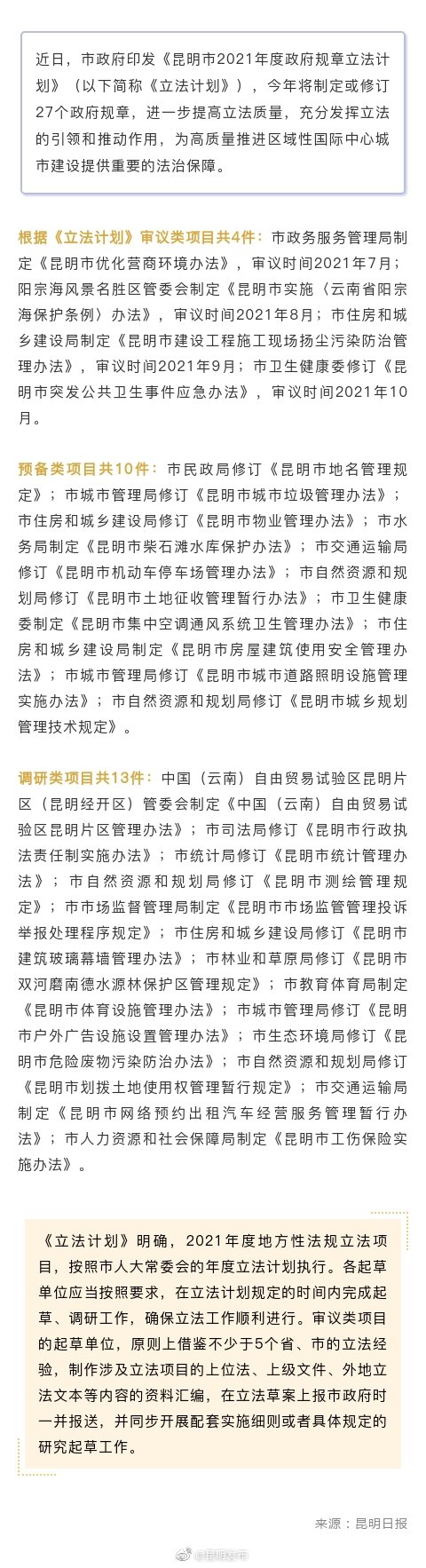 昆明市今年将制定或修订27个政府规章