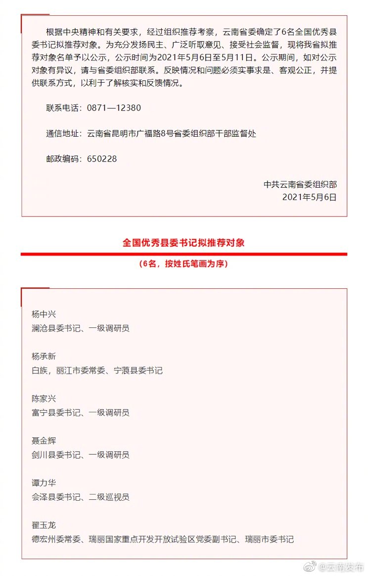 关于全国优秀县委书记拟推荐对象的公示