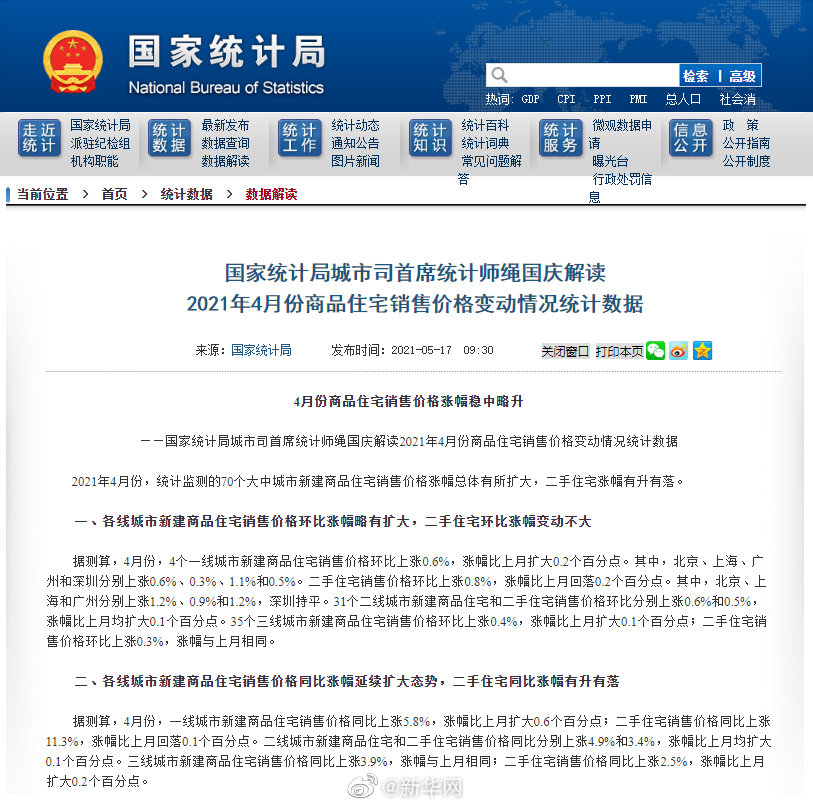 国家统计局城市司首席统计师绳国庆解读 2021年4月份商品住宅销售价格变动情况统计数据