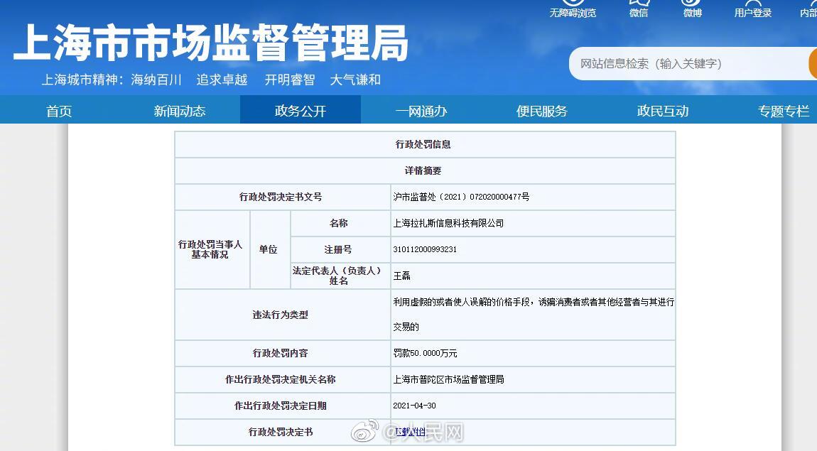 饿了么被罚款50万 ：利用虚假或使人误解价格诱骗交易