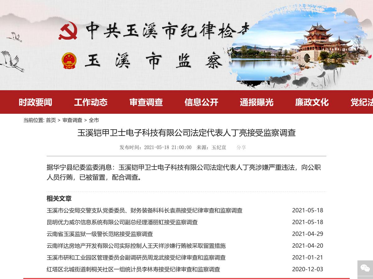 玉溪铠甲卫士电子科技有限公司法定代表人丁亮接受监察调查