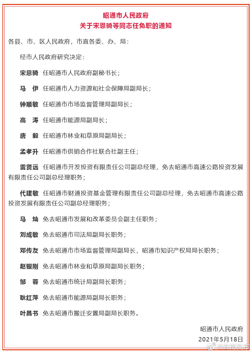 昭通市政府发布一批人事任免通知