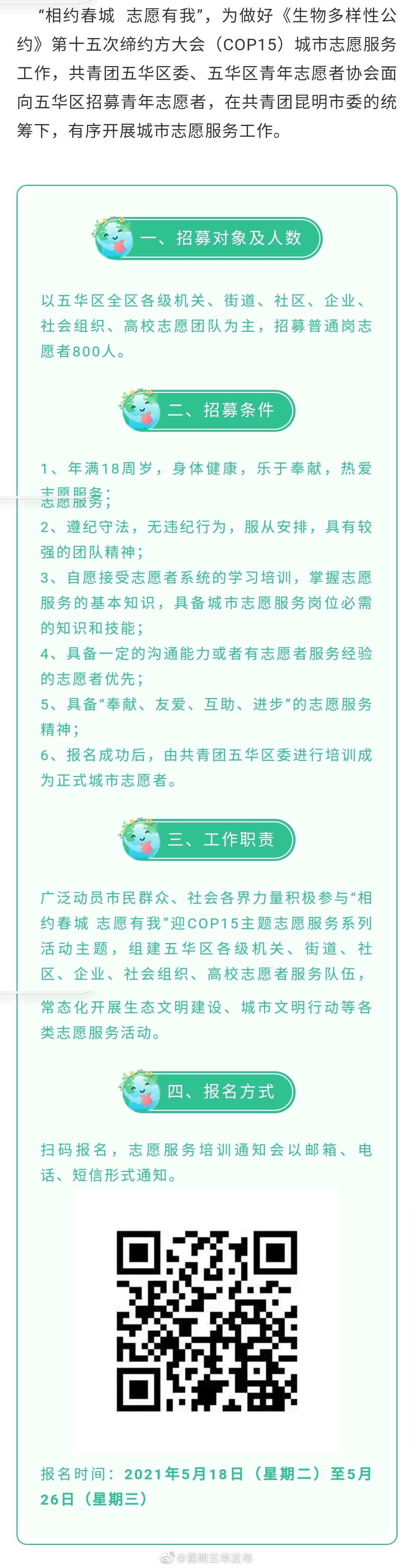 所有人，五华区招募COP15城市志愿者普通岗