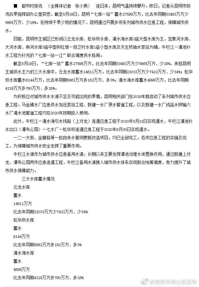 “七库一站”蓄水同比少近两成 昆明将开展多项供水应急工程，保障城市供水