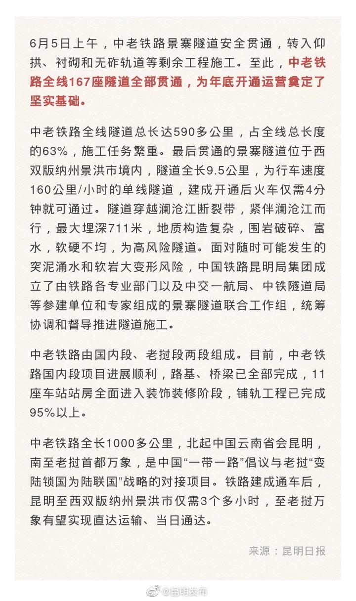 好消息！中老铁路全线167座隧道全部贯通 