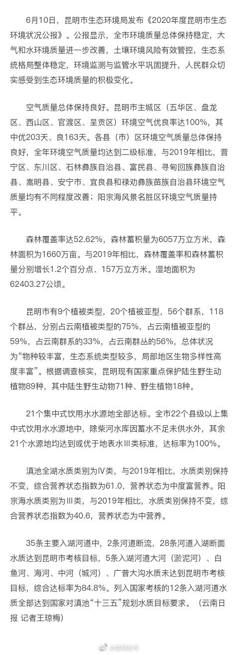 昆明主城5区环境空气质量优良率达100%