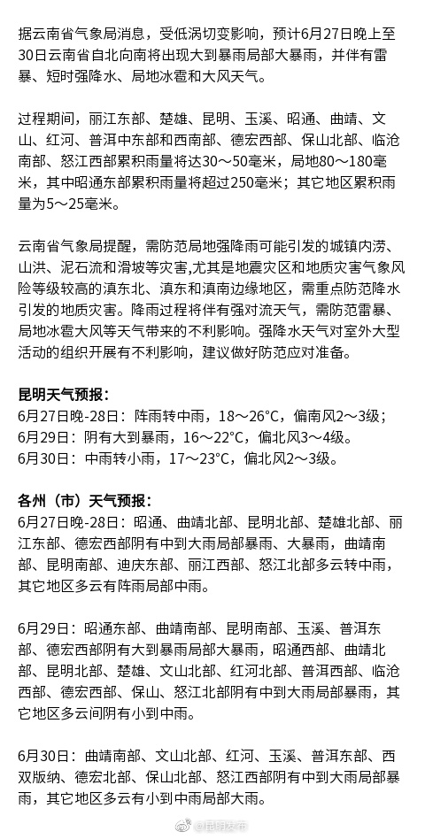 云南省强降雨天气将至 需防范城镇内涝
