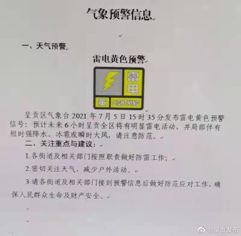 呈贡区气象台2021年7月5日15时35分发布雷电黄色预警信号