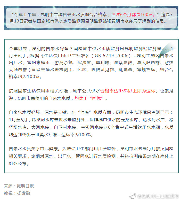 放心喝！昆明自来水水质连续6个月“满分”