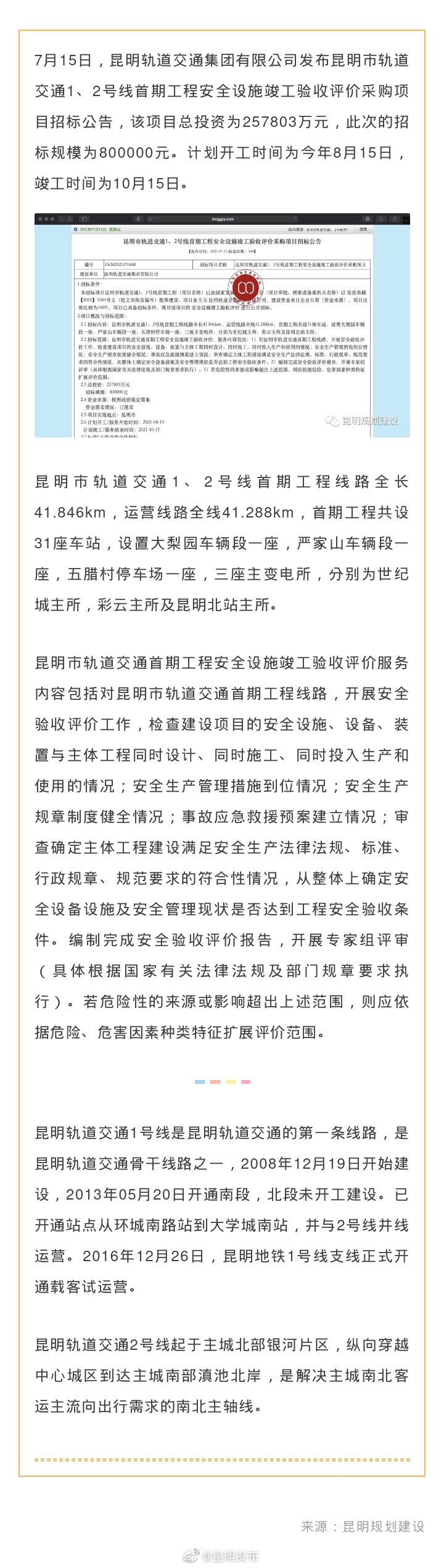 投资近2.6亿元！昆明轨道交通1、2号线首期工程安全设施将竣工验收
