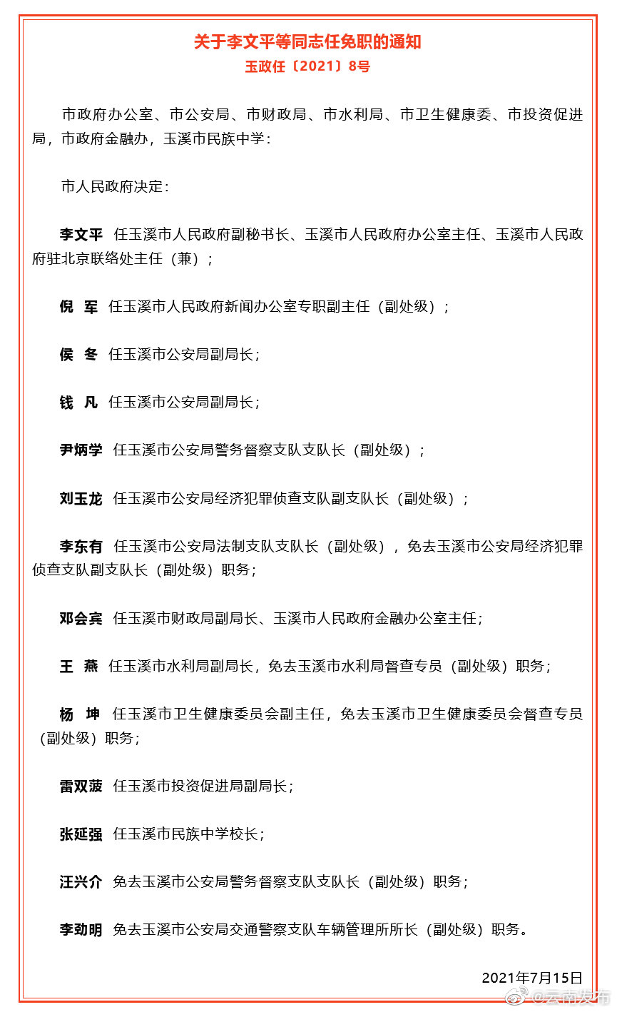 玉溪市人民政府发布一批任免职通知