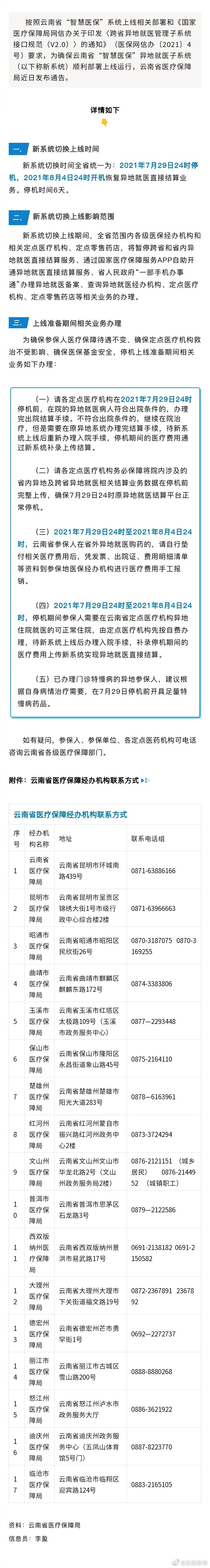 7月29日24时起停机6天！云南省异地就医子系统全面切换上线
