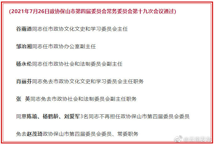 保山市政协常委会通过一批人事任免
