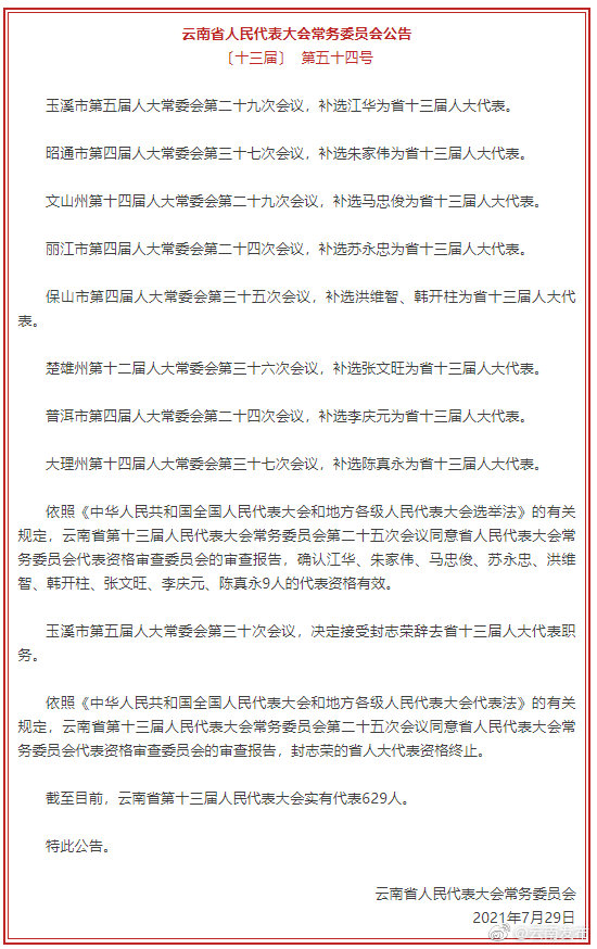 云南省人民代表大会常务委员会公告