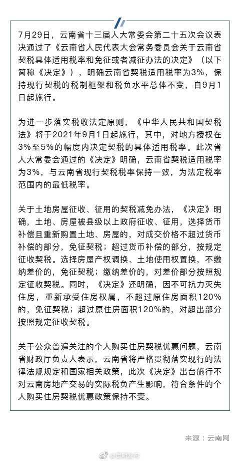 事关契税！云南这个决定9月1日起施行