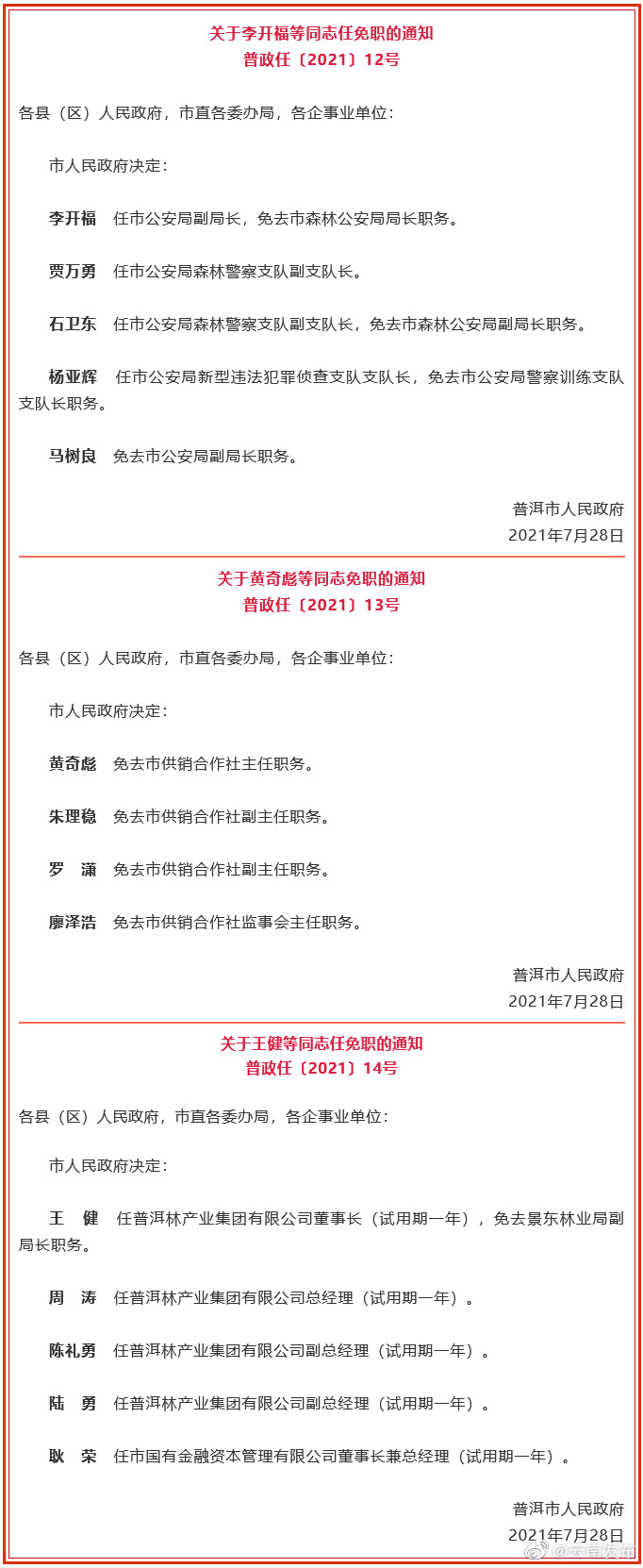 普洱市政府发布一批人事任免职通知