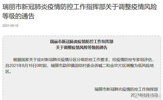 8月16日零点起，瑞丽市一区域调整为低风险