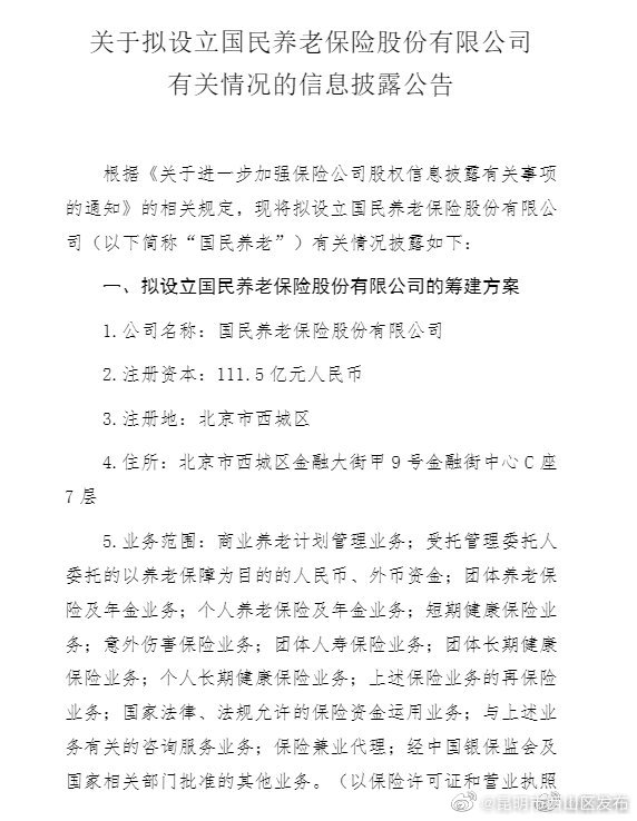 拟设立国民养老保险公司