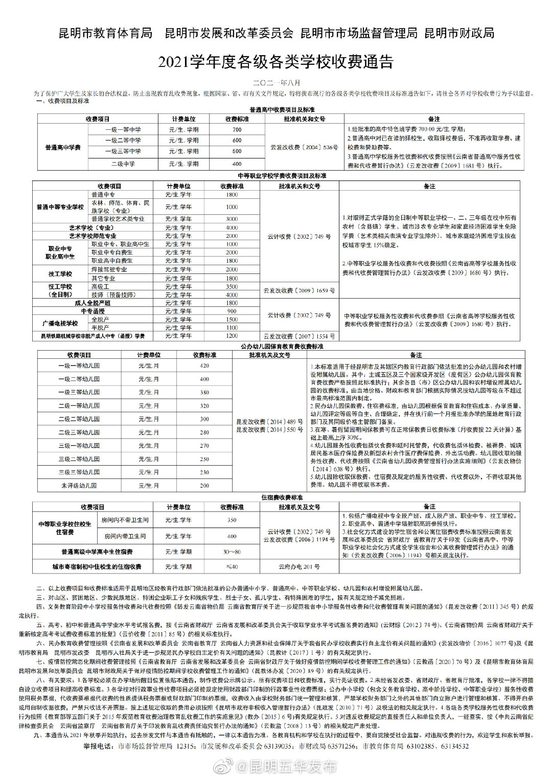 2021学年各级各类学校收费通告