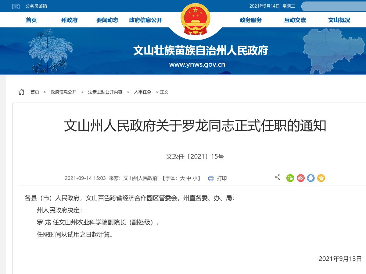文山州人民政府关于罗龙同志正式任职的通知