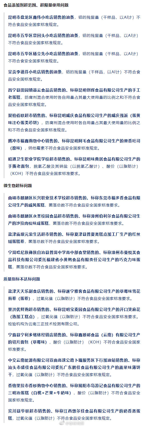 云南18批次食品抽检不合格！涉及油条、蛋糕…