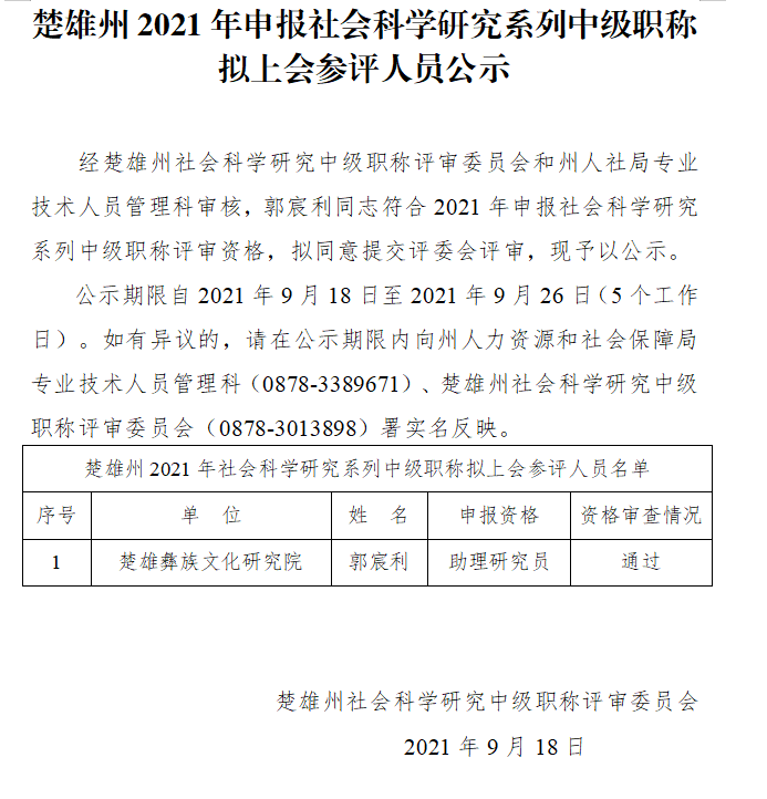 楚雄州2021年申报社会科学研究系列中级职称拟上会参评人员公示