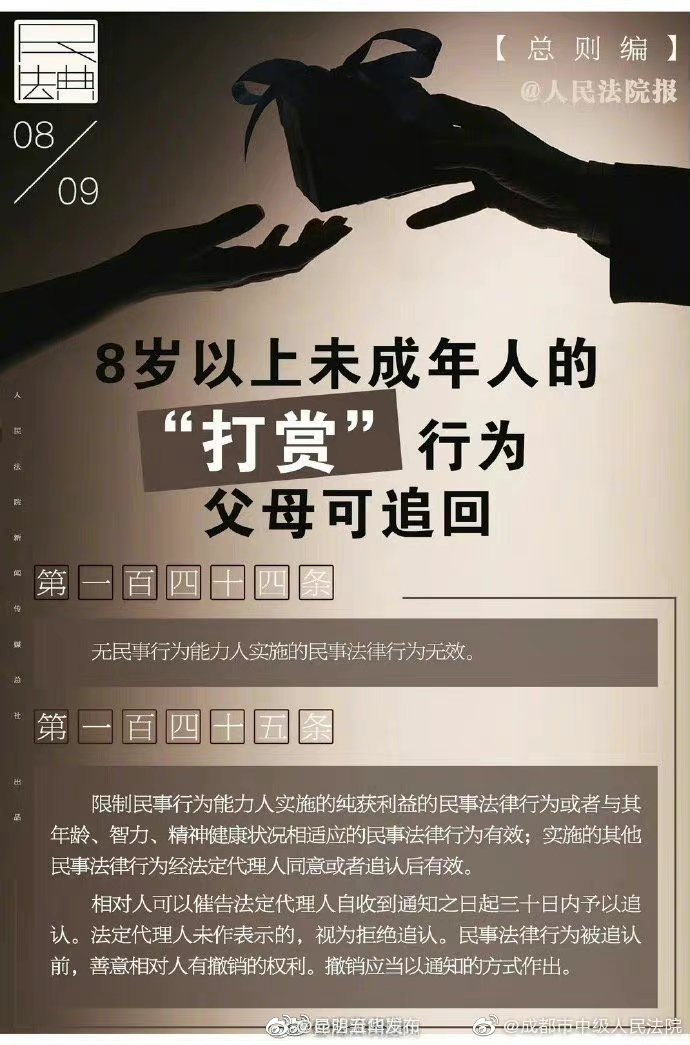 8岁以上未成年人的“打赏”行为父母可追回