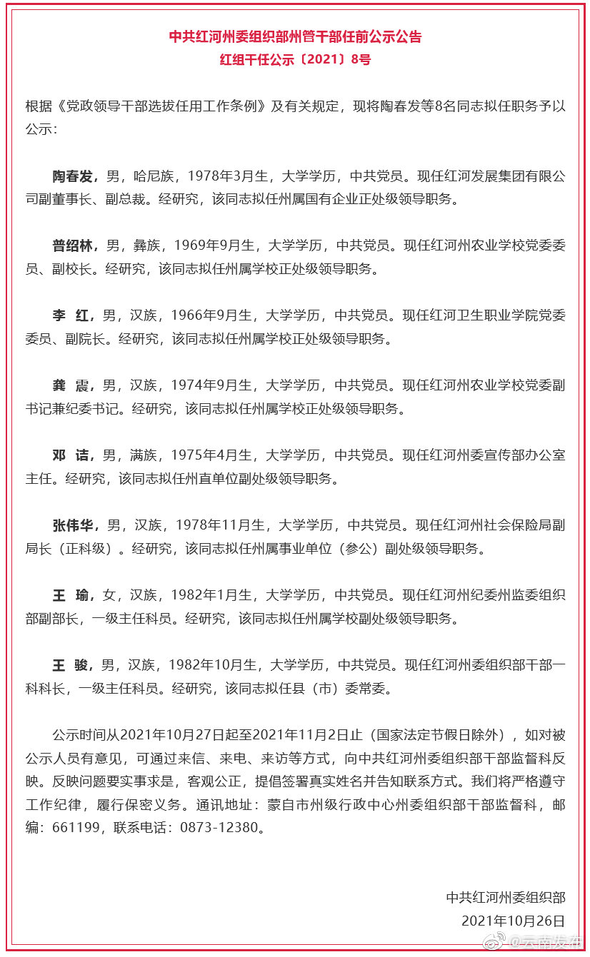 红河州发布干部任前公示公告