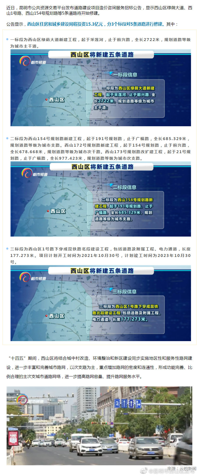 投资15.3亿！西山区将新修5条道路，位置在→