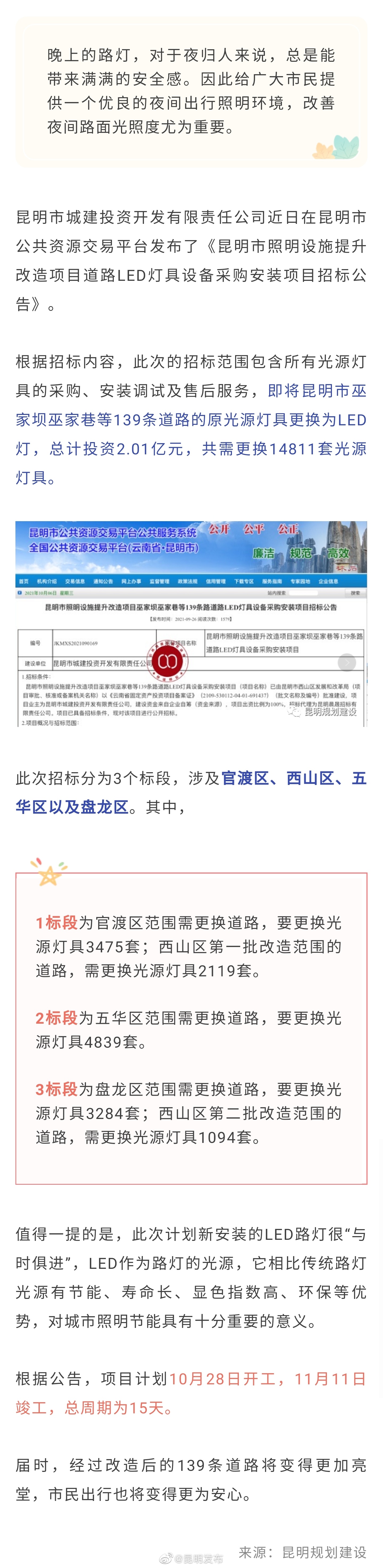总投资超2亿！昆明市139条道路将改造照明设施