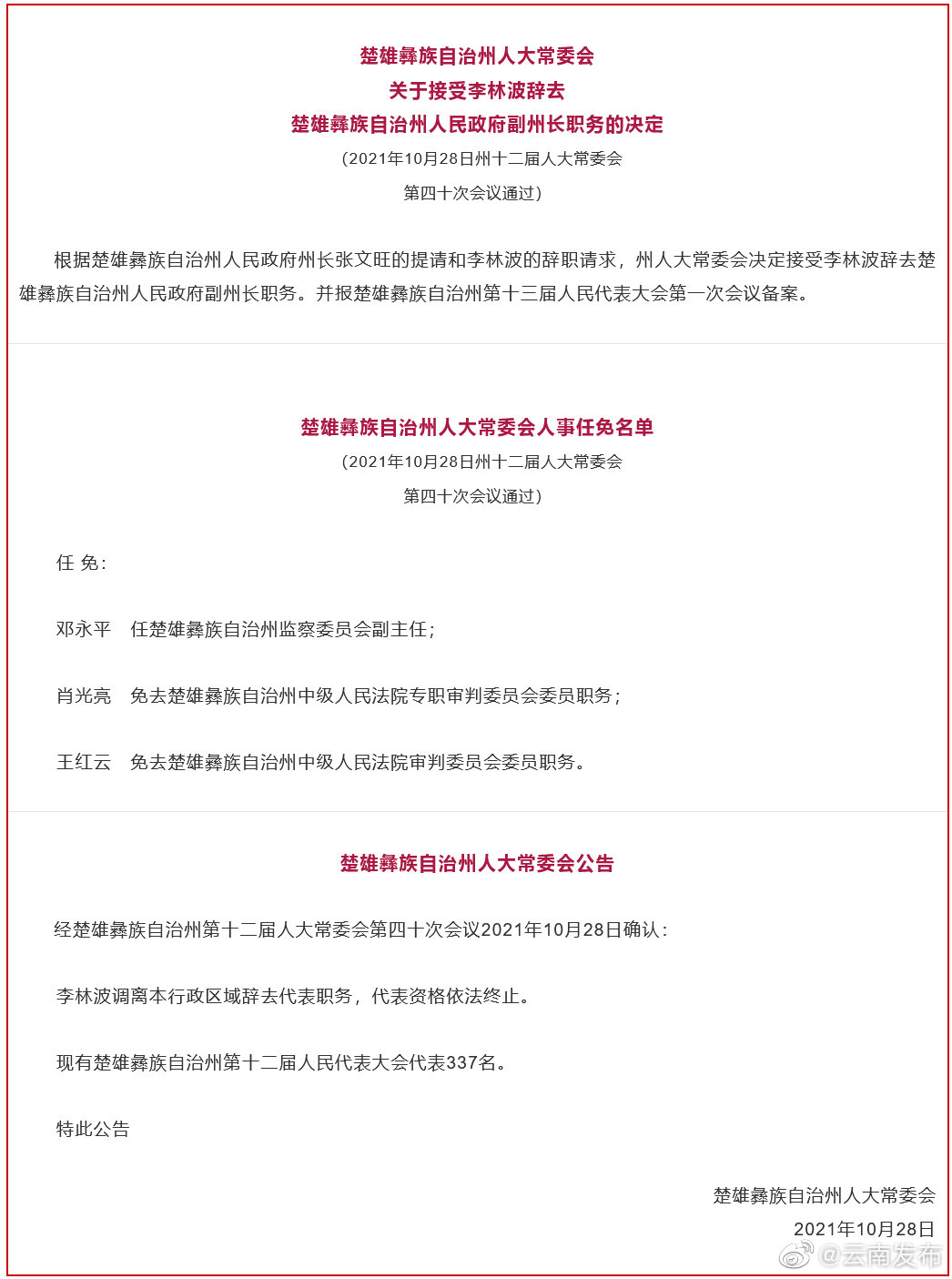 楚雄彝族自治州人大常委会通过一批人事事项