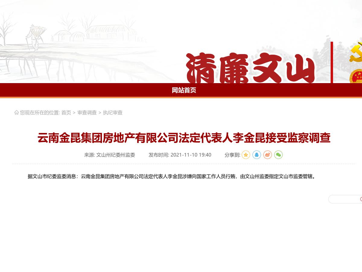 云南金昆集团房地产有限公司法定代表人李金昆接受监察调查