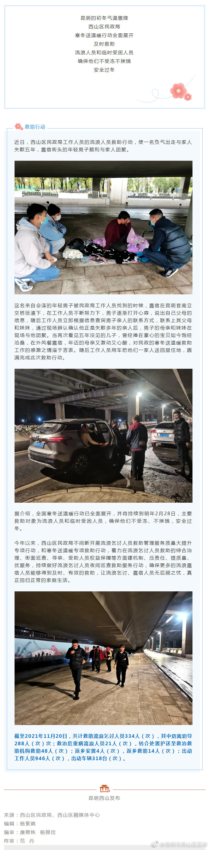 点赞！西山区民政局扎实开展流浪乞讨人员救助工作