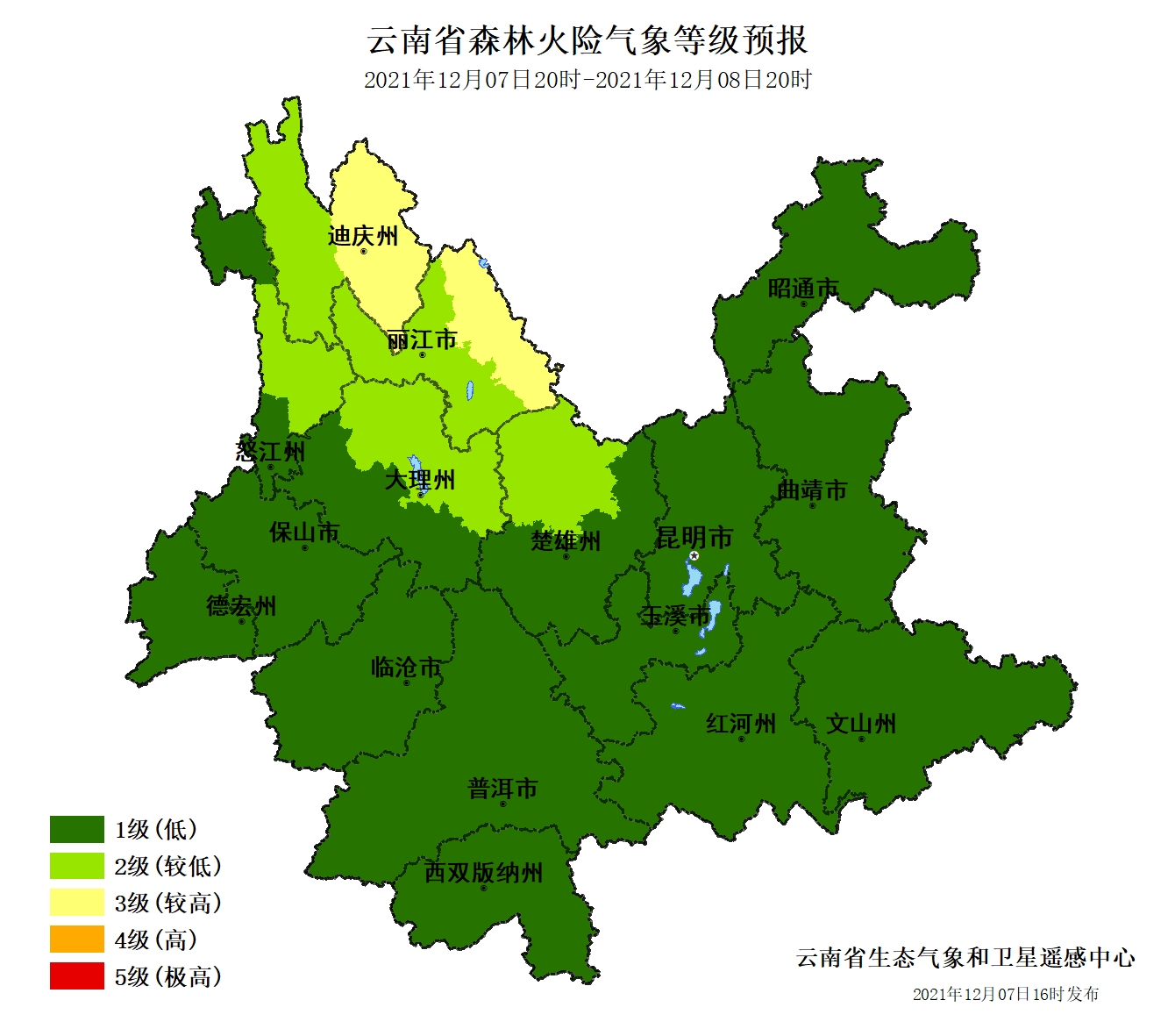 云南省森林火险气象等级预报(江东部3级，其它地区1～2级。)