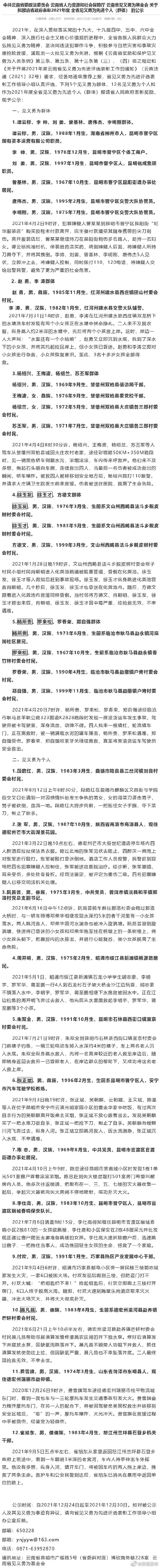 云南这些群体和个人拟被表彰为2021年度全省见义勇为先进个人（群体）
