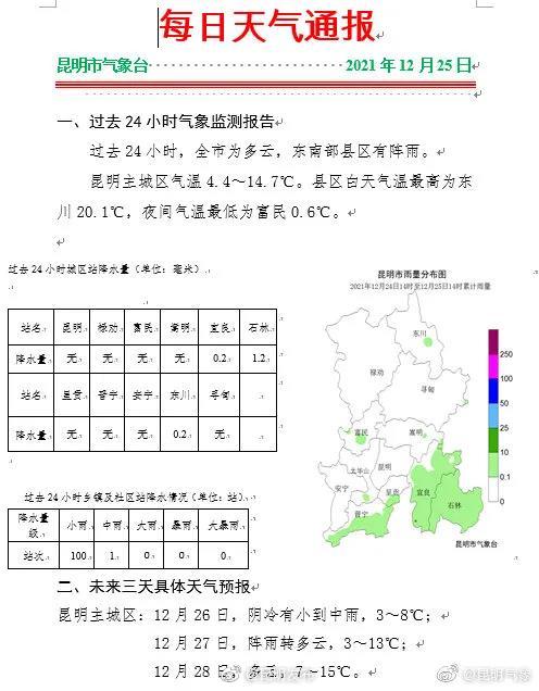  昆明市气象台2021年12月25日20时45分发布寒潮蓝色预警