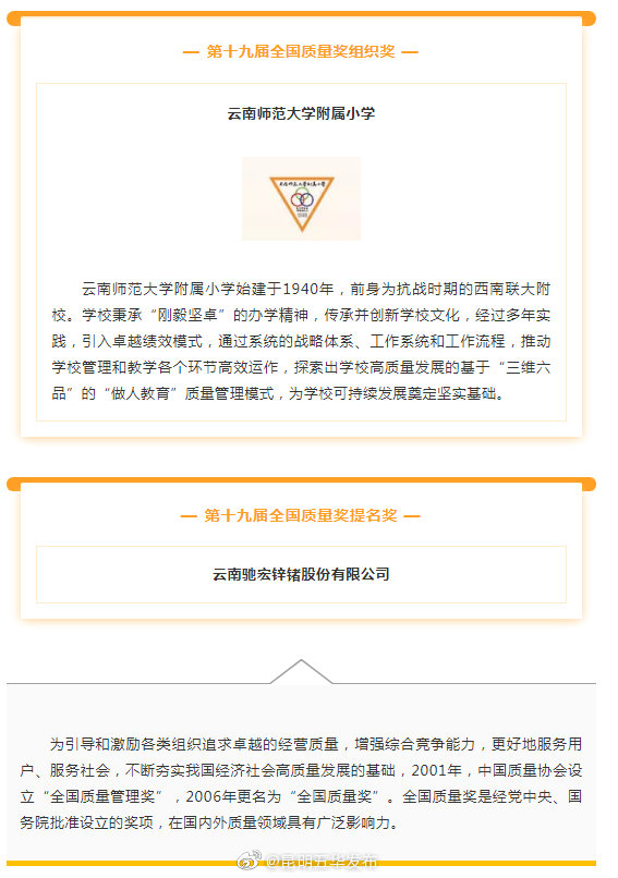 云南两家上榜！第十九届全国质量奖获奖名单出炉