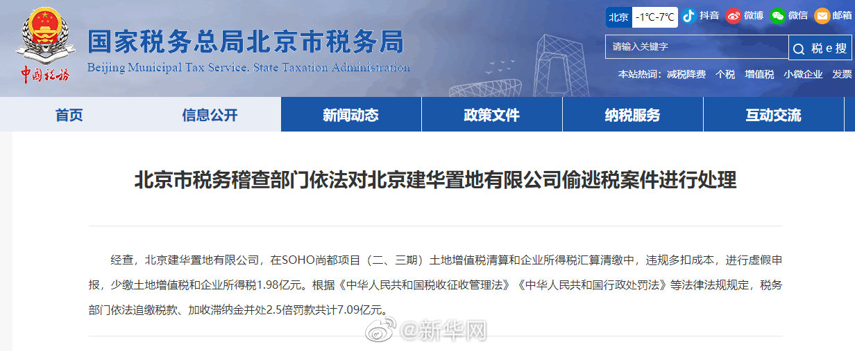 北京市税务稽查部门依法对北京建华置地有限公司偷逃税案件进行处理