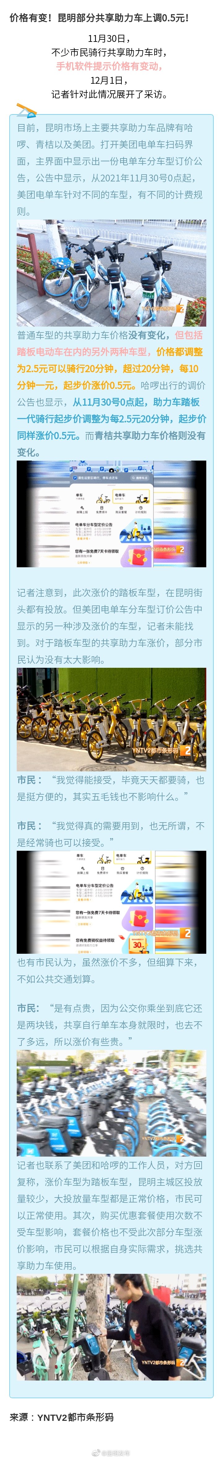 价格有变！昆明部分共享助力车上调0.5元！