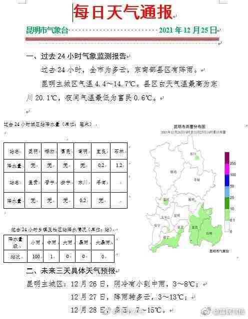  昆明市气象台2021年12月25日20时45分发布寒潮蓝色预警