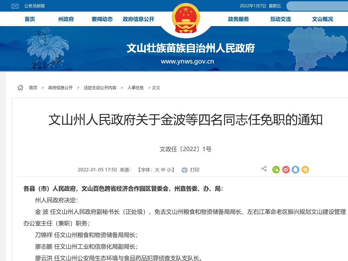 文山州人民政府关于金波等四名同志任免职的通知