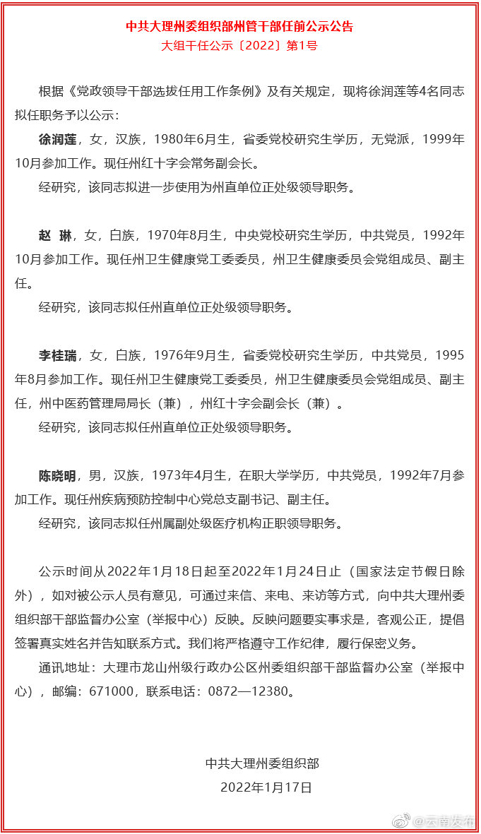 大理州发布一批干部任前公示公告