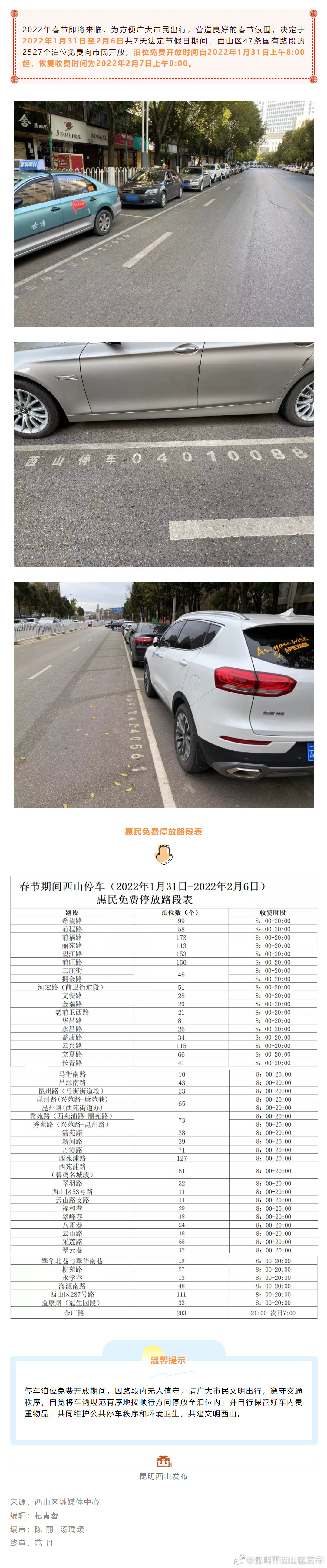 春节福利来啦！西山区这些路段春节期间免费停车
